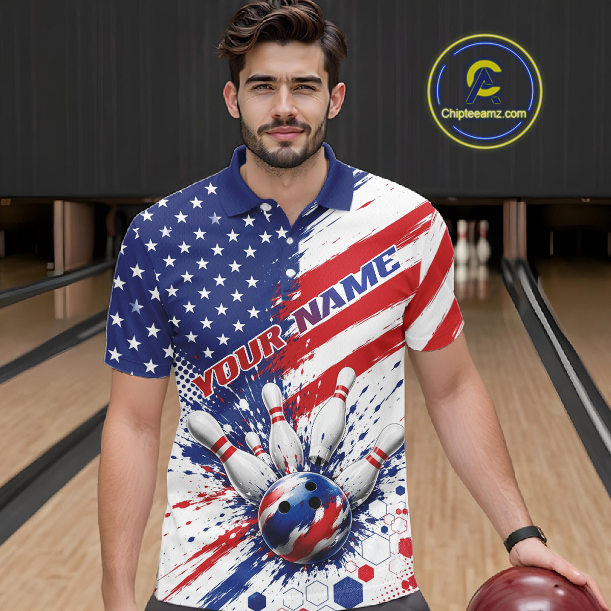 Custom Patriotic American Bowling Men Polo Shirt, US Flag Splatter Bowling Jersey IPHW11844