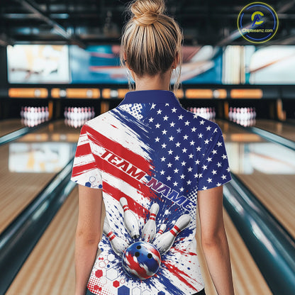 Custom Patriotic American Bowling Women Quarter-Zip Shirt, Splatter Bowling Jersey IPHW11844