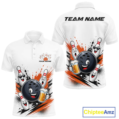 Custom White And Orange Funny Beer Bowling Men Polo Shirt, Beer Drinking Party Bowling IPHW11852
