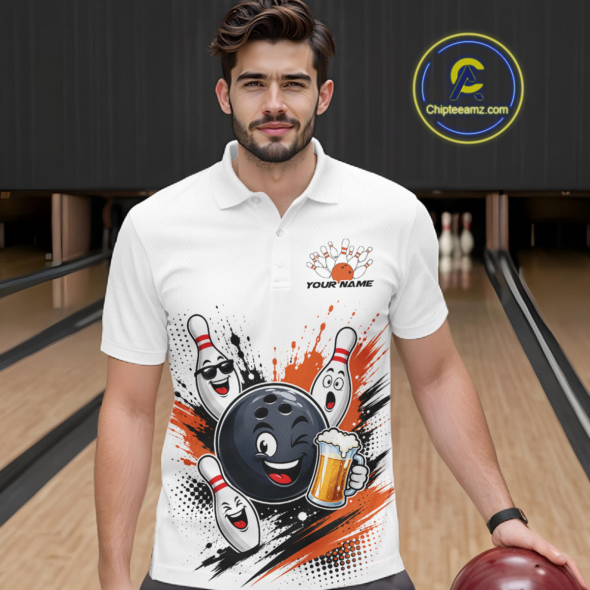 Custom White And Orange Funny Beer Bowling Men Polo Shirt, Beer Drinking Party Bowling IPHW11852