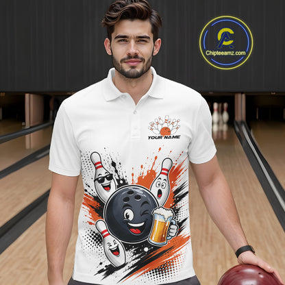 Custom White And Orange Funny Beer Bowling Men Polo Shirt, Beer Drinking Party Bowling IPHW11852