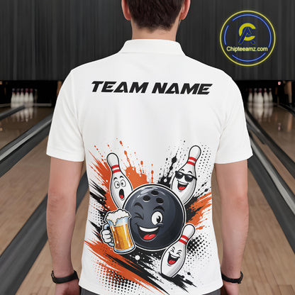 Custom White And Orange Funny Beer Bowling Men Polo Shirt, Beer Drinking Party Bowling IPHW11852