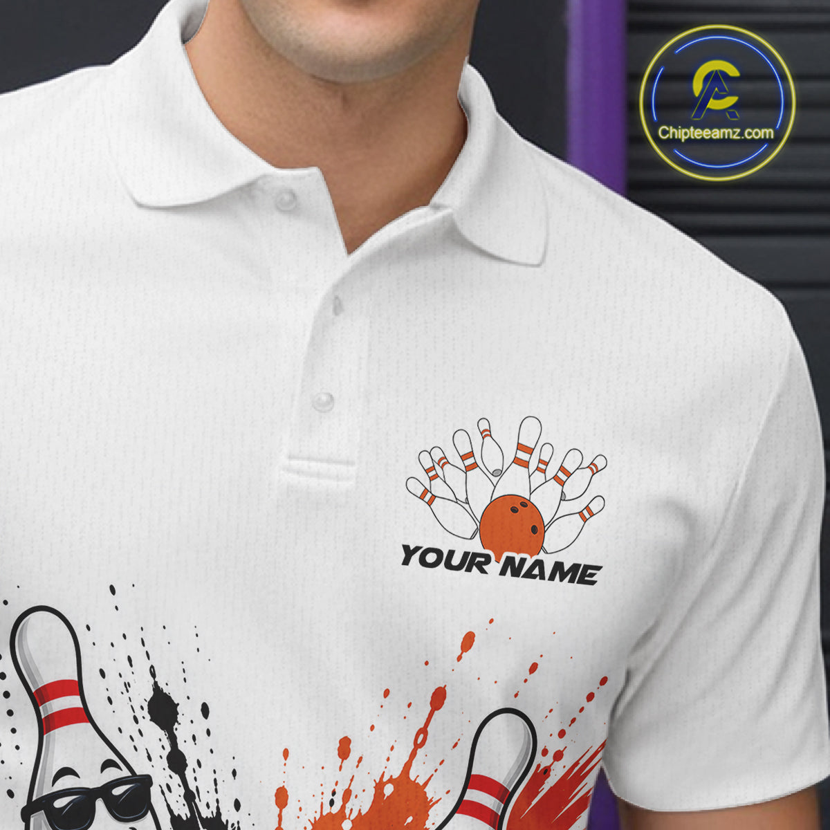 Custom White And Orange Funny Beer Bowling Men Polo Shirt, Beer Drinking Party Bowling IPHW11852