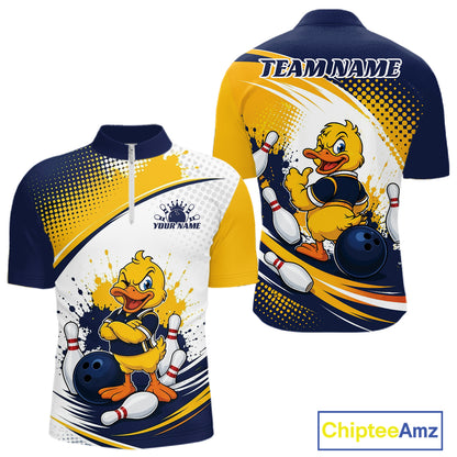 Custom Blue And Yellow Funny Duck Bowling Team Men Quarter Zip Shirt, Bowling Jersey IPHW11856