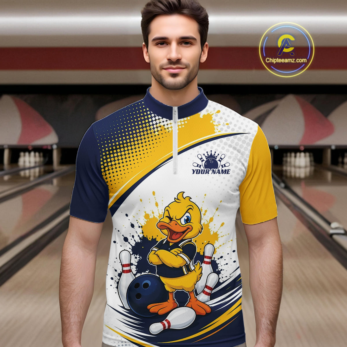 Custom Blue And Yellow Funny Duck Bowling Team Men Quarter Zip Shirt, Bowling Jersey IPHW11856