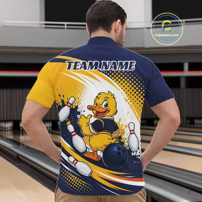 Custom Blue And Yellow Funny Duck Bowling Team Men Quarter Zip Shirt, Bowling Jersey IPHW11856