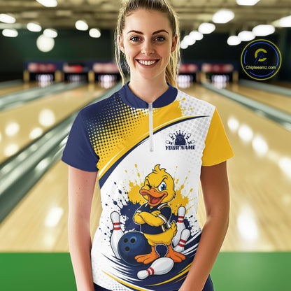Custom Blue And Yellow Funny Duck Bowling Team Women Quarter-Zip Shirt, Bowling Jersey IPHW11856
