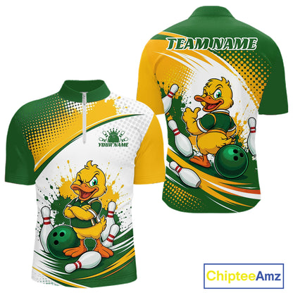 Custom Green And Yellow Funny Duck Bowling Team Men Quarter Zip Shirt, Bowling Jersey IPHW11857