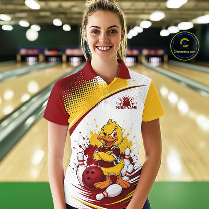 Custom Red And Yellow Funny Duck Bowling Team Women Polo Shirt, Bowling Jersey IPHW11858