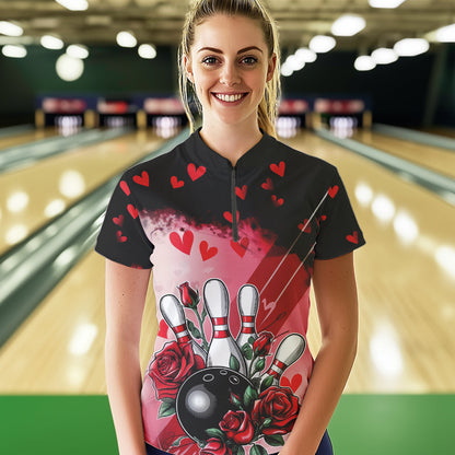 Custom Black And Red Heart Valentine Bowling Quarter-Zip Shirts For Women, Couple Bowling IPHW8353