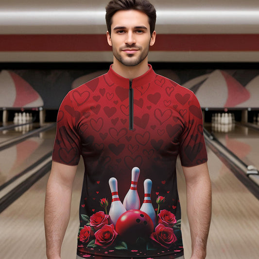 Red Heart Theme Custom Valentines Bowling Quarter-Zip Shirt For Men, Couple Bowling Outfits IPHW8357
