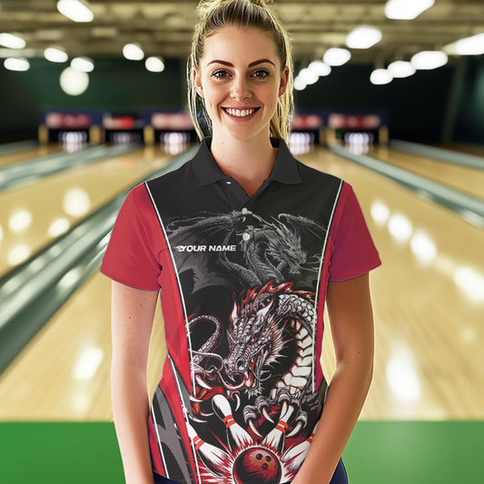 Custom Black And Red Dragon Bowling Polo Shirt For Women, Dragon Bowling Tournament Uniform IPHW8553
