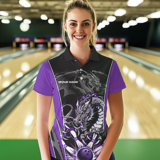 Custom Black And Purple Dragon Bowling Polo Shirt For Women, Bowling Tournament Uniform IPHW8554