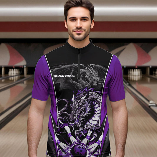 Custom Black And Purple Dragon Bowling Quarter-Zip Shirts For Men, Dragon Bowling Tournament Uniform IPHW8554
