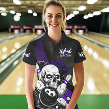 Load image into Gallery viewer, Custom Black And Purple Roses Skull Bowling Team Polo Shirt For Women, Skull Bowling Jersey IPHW8871
