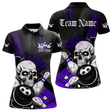 Load image into Gallery viewer, Custom Black And Purple Roses Skull Bowling Team Polo Shirt For Women, Skull Bowling Jersey IPHW8871