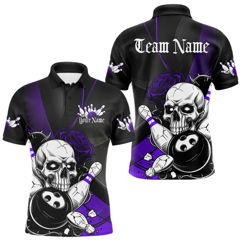 Custom Black And Purple Roses Skull Bowling Team Polo Shirts For Men, Skull Bowling Jerseys IPHW8871