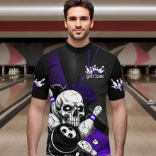 Load image into Gallery viewer, Custom Black And Purple Roses Skull Bowling Team Quarter-Zip Shirts For Men, Skull Bowling Jerseys IPHW8871