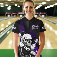 Load image into Gallery viewer, Custom Black And Purple Roses Skull Bowling Women Quarter-Zip Shirts, Skull Bowling Jerseys IPHW8871