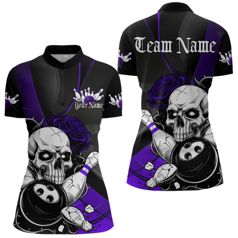 Custom Black And Purple Roses Skull Bowling Women Quarter-Zip Shirts, Skull Bowling Jerseys IPHW8871