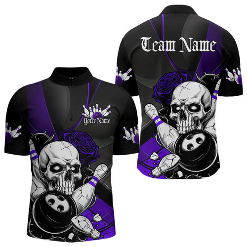 Custom Black And Purple Roses Skull Bowling Team Quarter-Zip Shirts For Men, Skull Bowling Jerseys IPHW8871