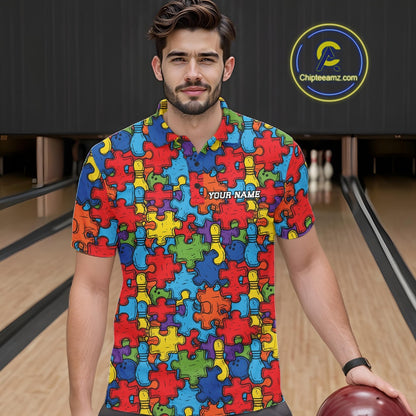 Custom Autism Awareness Bowling Men Polo Shirt, Colorful Puzzle Pieces Bowling Shirt IPHW11615
