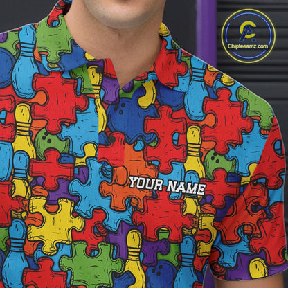 Custom Autism Awareness Bowling Men Polo Shirt, Colorful Puzzle Pieces Bowling Shirt IPHW11615