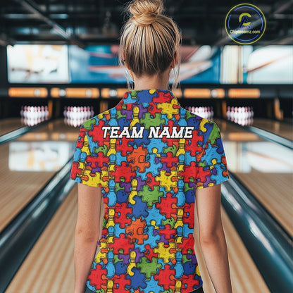 Custom Autism Awareness Bowling Women Polo Shirt, Colorful Puzzle Pieces Bowling Shirt IPHW11615