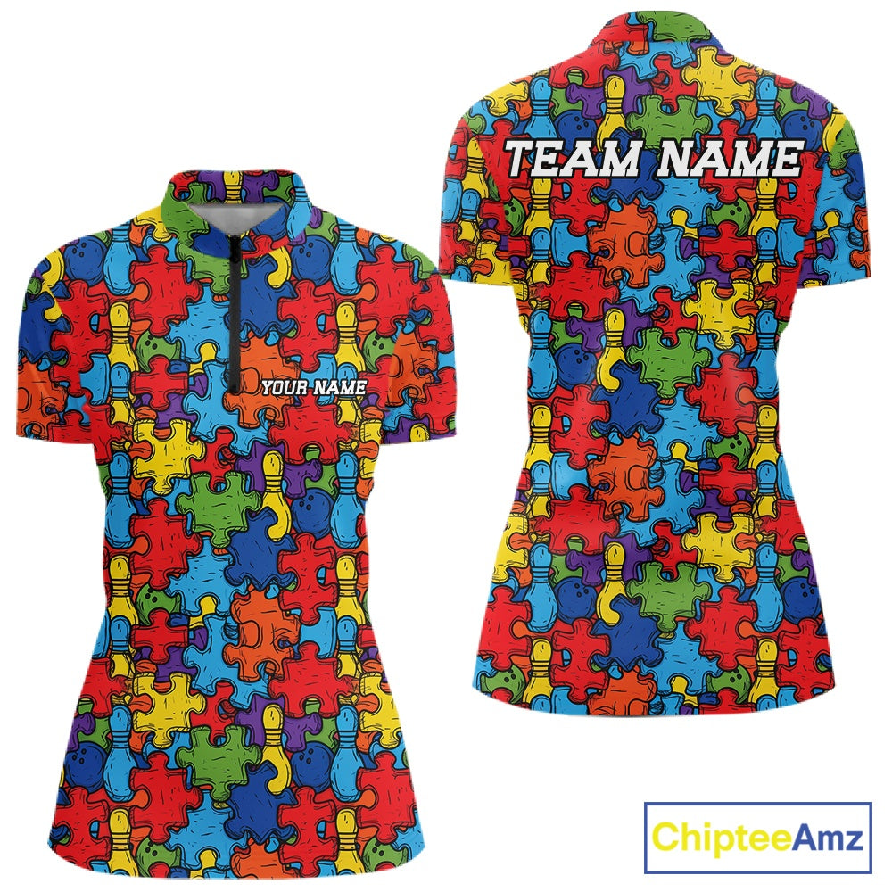 Custom Autism Awareness Bowling Women Shirt, Colorful Puzzle Pieces Bowling Shirt IPHW11615