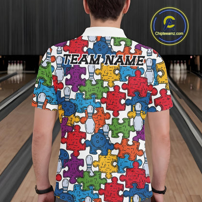 Custom Autism Awareness Bowling Men Polo Shirt, Colorful Puzzle Pieces Bowling Shirt IPHW11616