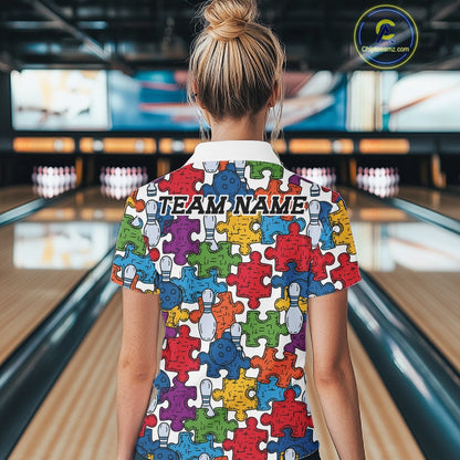 Custom Autism Awareness Bowling Women Polo Shirt, Colorful Puzzle Pieces Bowling Shirt IPHW11616