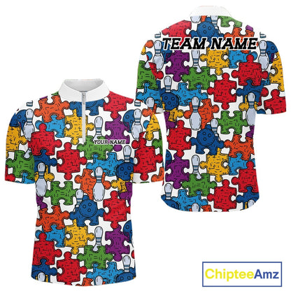 Custom Autism Awareness Bowling Men Quarter Zip Shirt, Colorful Puzzle Pieces Bowling Shirt IPHW11616