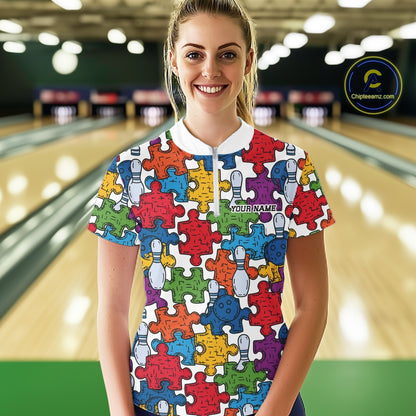 Custom Autism Awareness Bowling Women Shirt, Colorful Puzzle Pieces Bowling Shirt IPHW11616