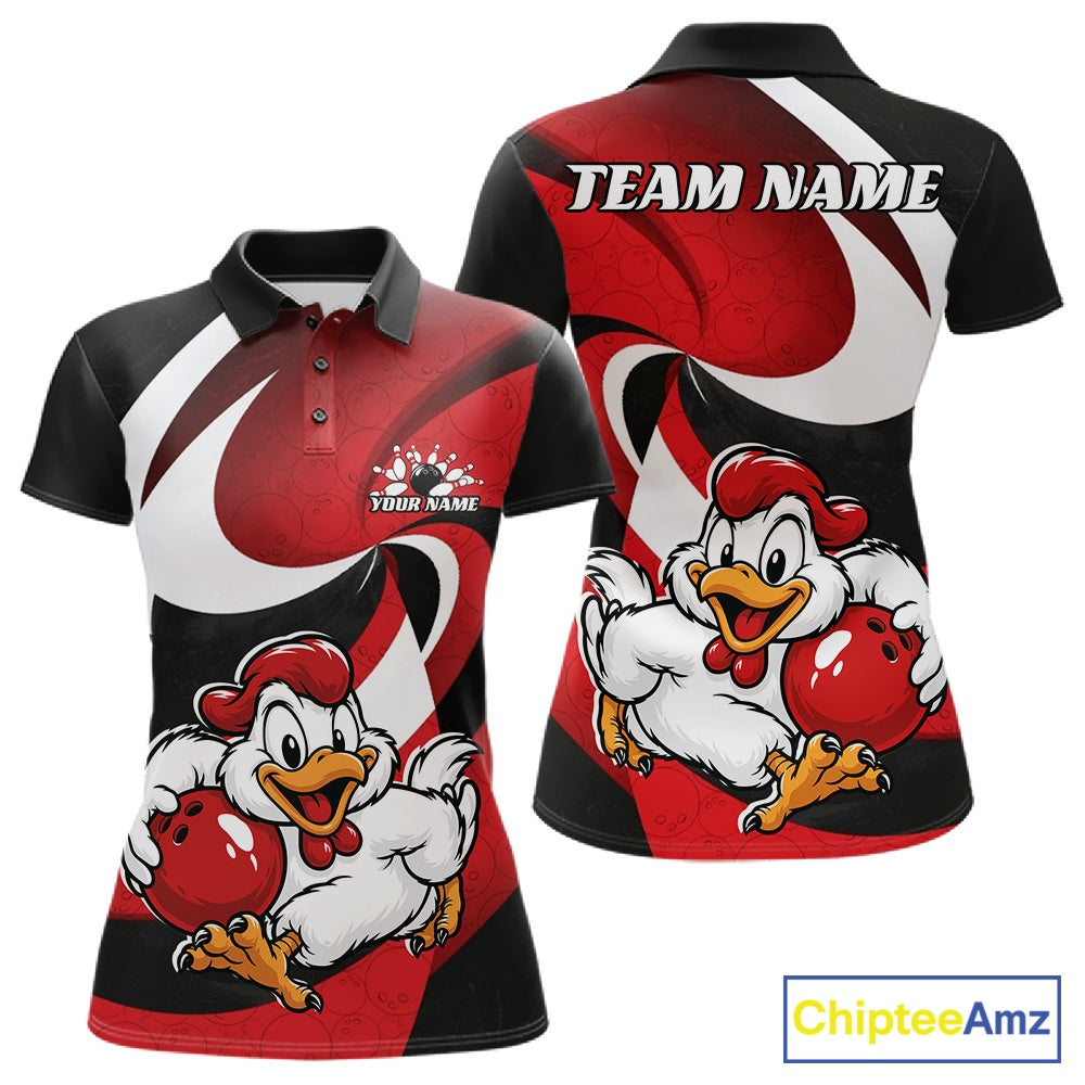 Custom Black And Red Cute Funny Chicken Bowling Jerseys Bowling Team Shirt For Women IPHW11626