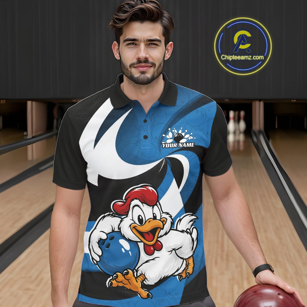 Custom Black And Blue Cute Funny Chicken Bowling Jerseys Bowling Team Shirt For Men IPHW11627