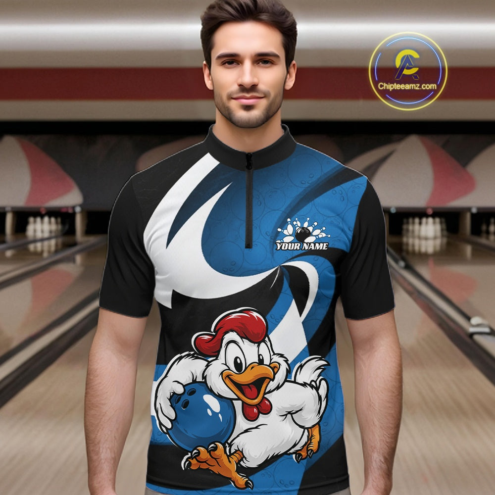 Custom Black And Blue Cute Funny Chicken Bowling Jerseys Bowling Team Shirt For Men IPHW11627
