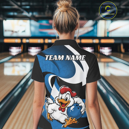 Custom Black And Blue Cute Funny Chicken Bowling Jerseys Bowling Team Shirt For Women IPHW11627