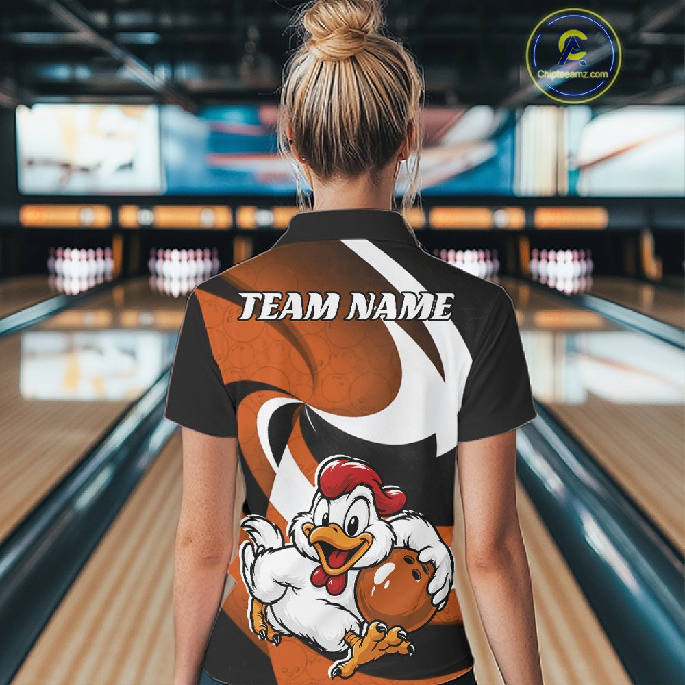 Custom Black And Orange Cute Funny Chicken Bowling Jerseys Bowling Team Shirt For Women IPHW11628