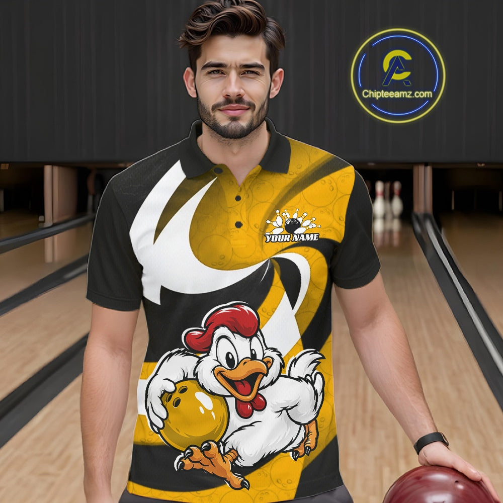 Custom Black And Yellow Cute Funny Chicken Bowling Jerseys Bowling Team Shirt For Men IPHW11629