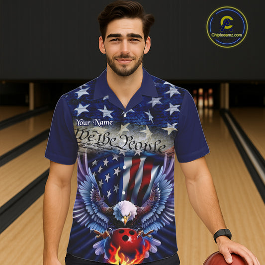 Customized Blue Eagle Bowling Shirt Patriotic Hawaiian Bowling Jersey For Men US Bowling IPHW7110