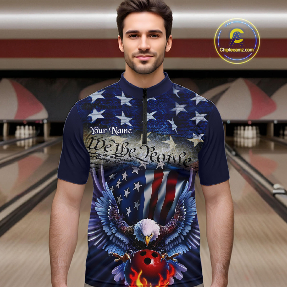 Customized Eagle Bowling Shirt Patriotic Polo Bowling Jersey For Men US Bowling | Blue IPHW7110