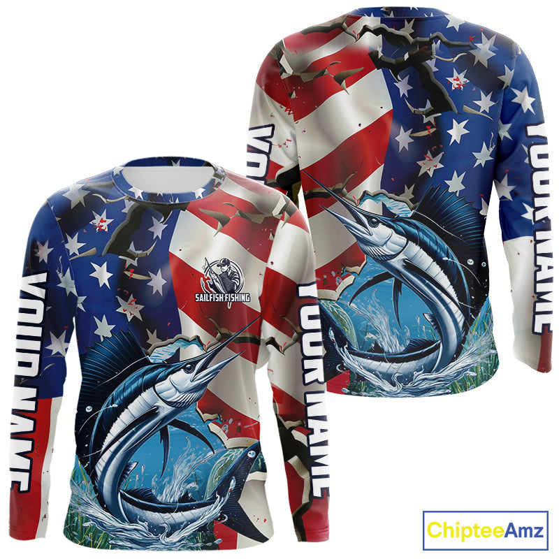 Custom American Flag Patriotic Sailfish Fishing Long Sleeve Fishing Shirts, Sailfish Jerseys IPHW9662