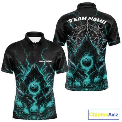 Custom Blue Lightning Halloween Grim Reaper Bowling Men Polo Shirt, Dark Magic Outfit IPHW11881
