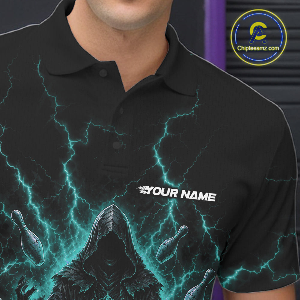 Custom Blue Lightning Halloween Grim Reaper Bowling Men Polo Shirt, Dark Magic Outfit IPHW11881