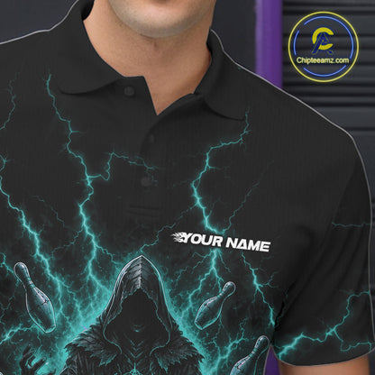 Custom Blue Lightning Halloween Grim Reaper Bowling Men Polo Shirt, Dark Magic Outfit IPHW11881