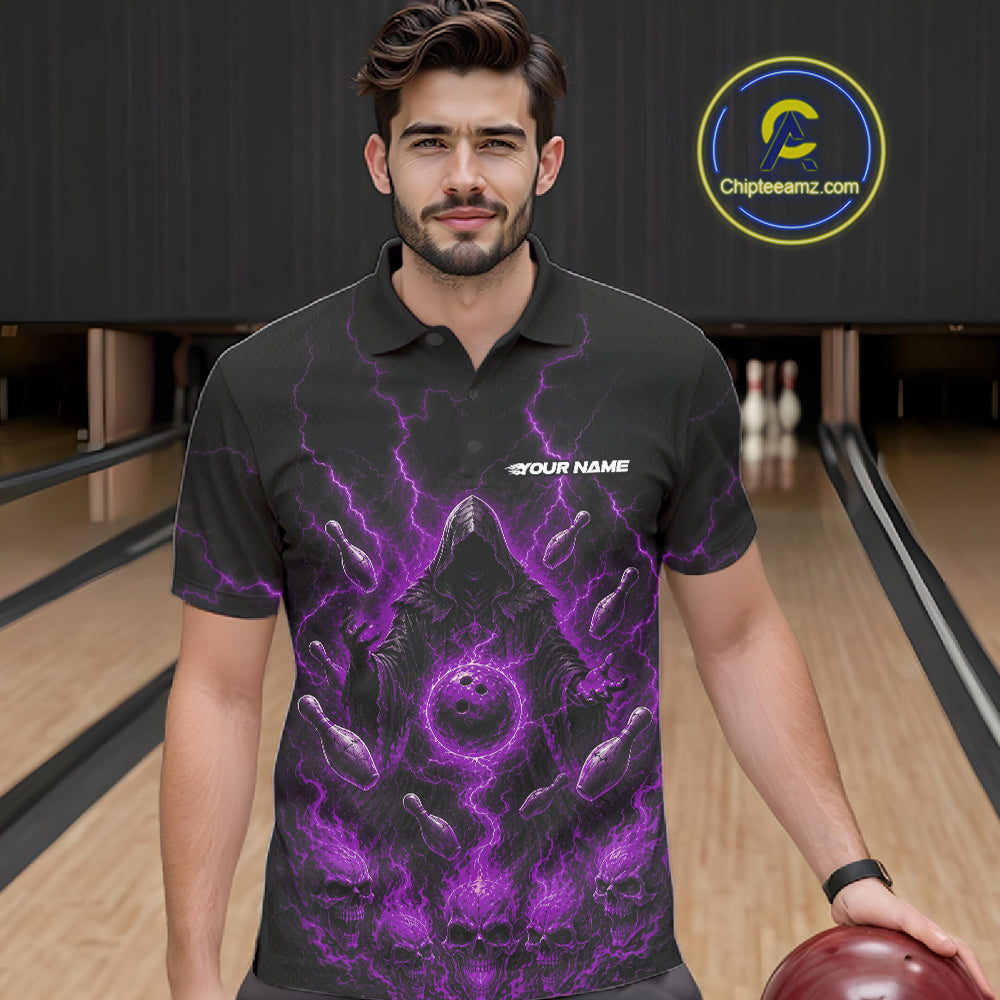 Custom Purple Lightning Halloween Grim Reaper Bowling Men Polo Shirt, Dark Magic Outfit IPHW11882