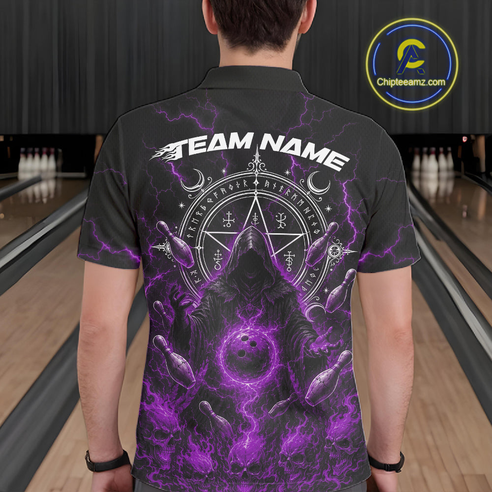Custom Purple Lightning Halloween Grim Reaper Bowling Men Polo Shirt, Dark Magic Outfit IPHW11882