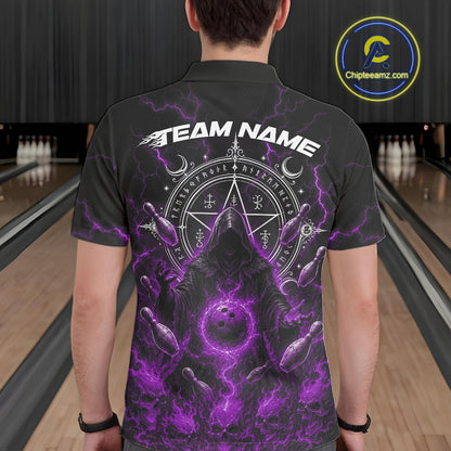 Custom Purple Lightning Halloween Grim Reaper Bowling Men Polo Shirt, Dark Magic Outfit IPHW11882