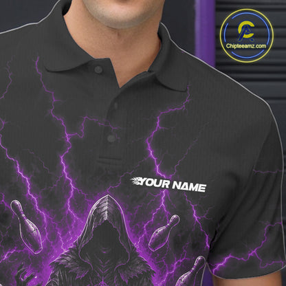 Custom Purple Lightning Halloween Grim Reaper Bowling Men Polo Shirt, Dark Magic Outfit IPHW11882
