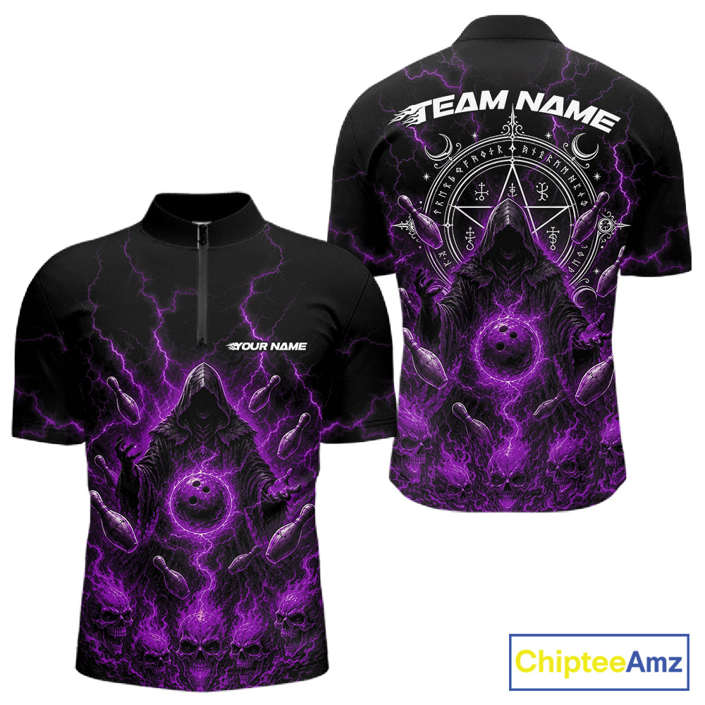 Custom Purple Lightning Halloween Grim Reaper Bowling Men Quarter Zip Shirt, Dark Magic Outfit IPHW11882